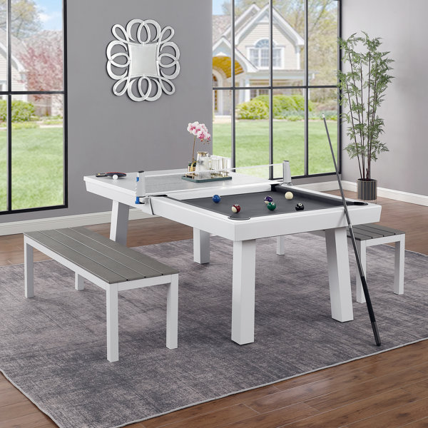HomeSeason Oasis Outdoor/Indoor Slate Dining Pool Table w/ 2 Benches ...